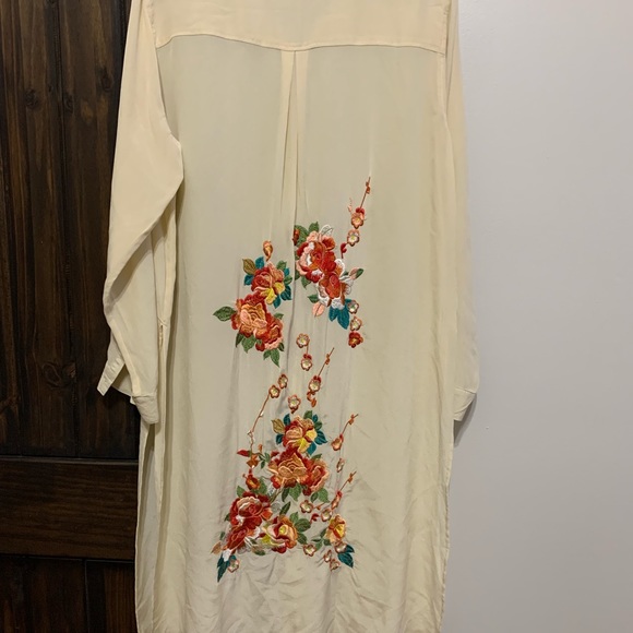 Johnny Was large ROSEEmbroidered Pearl white SILK Kimono Duster Robe Shirt Top